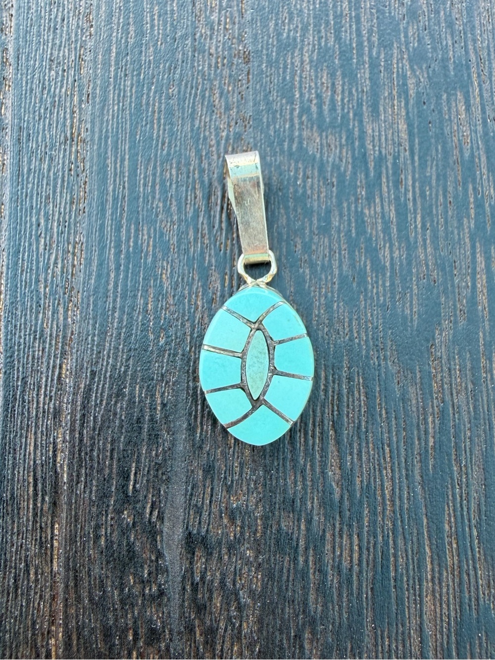 Native American Handmade Turquoise Inlay Oval Pendant Necklace - signed